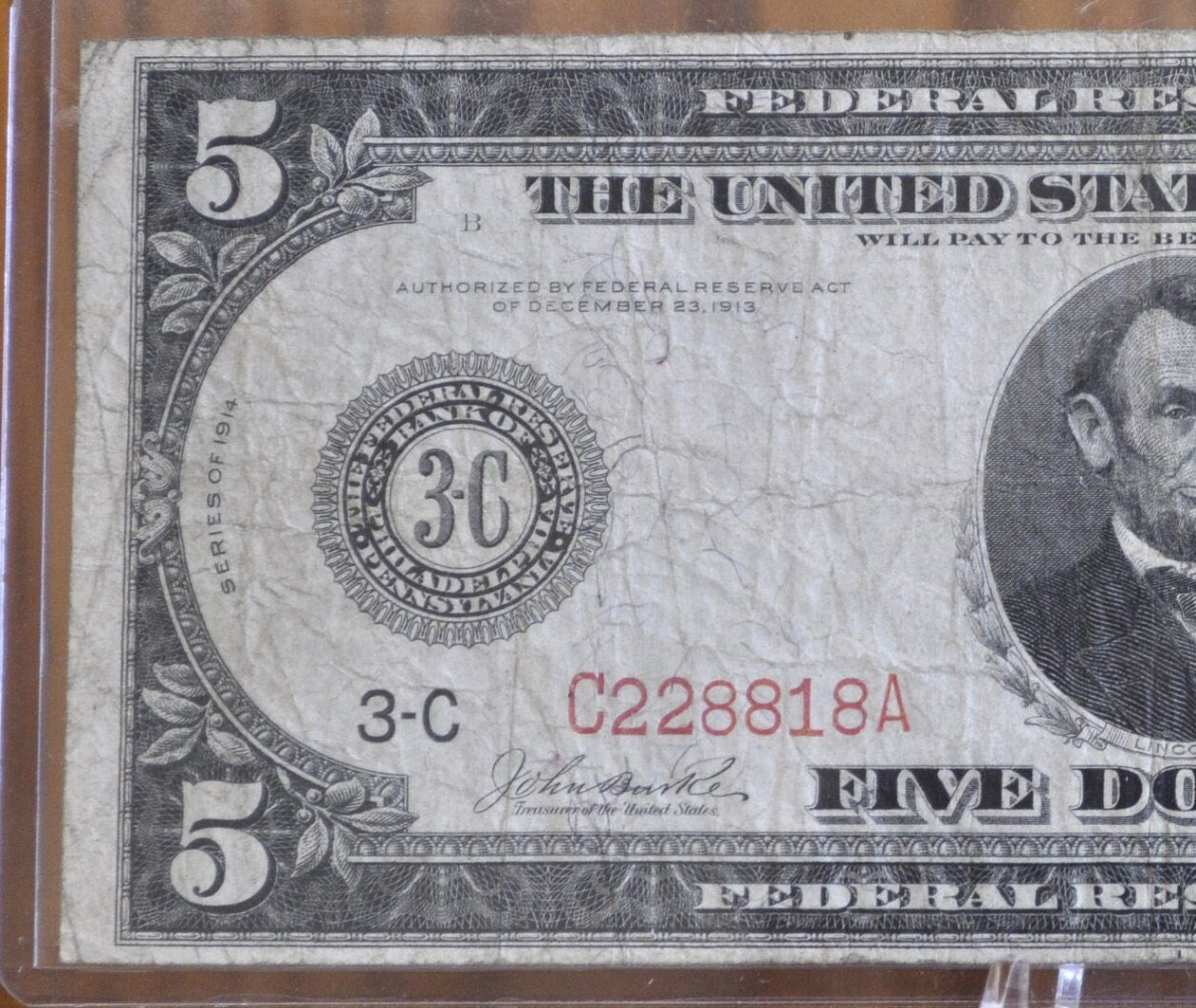 1914 5 Dollar Federal Reserve Note Large Size Red Seal Fr834B - Very Fine - Boston 1914 Five Dollar Bill Large Note 1914-A Boston Fr#834-B