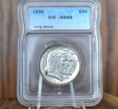 Authentic 1936 Long Island Tercentenary Silver Half Dollar - MS60+ (Uncirculated), Toned - Long Island Commemorative Half Dollar 1936