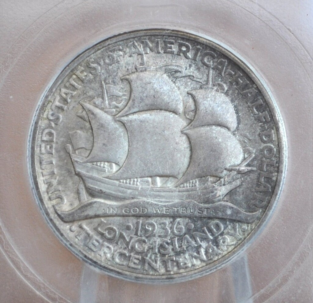 Authentic 1936 Long Island Tercentenary Silver Half Dollar - MS60+ (Uncirculated), Toned - Long Island Commemorative Half Dollar 1936