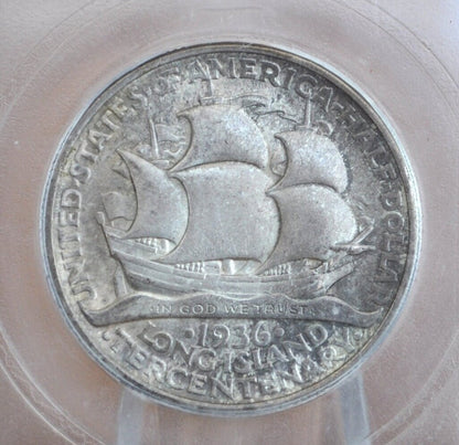 Authentic 1936 Long Island Tercentenary Silver Half Dollar - MS60+ (Uncirculated), Toned - Long Island Commemorative Half Dollar 1936