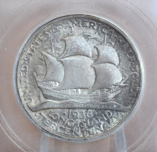 Authentic 1936 Long Island Tercentenary Silver Half Dollar - MS60+ (Uncirculated), Toned - Long Island Commemorative Half Dollar 1936