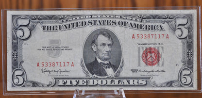 1963 5 Dollar United States Note Red Seal - Fine to AU, Choose by grade - 5 Dollar Bill 1963 Five Dollar Red Seal - Fr#1536