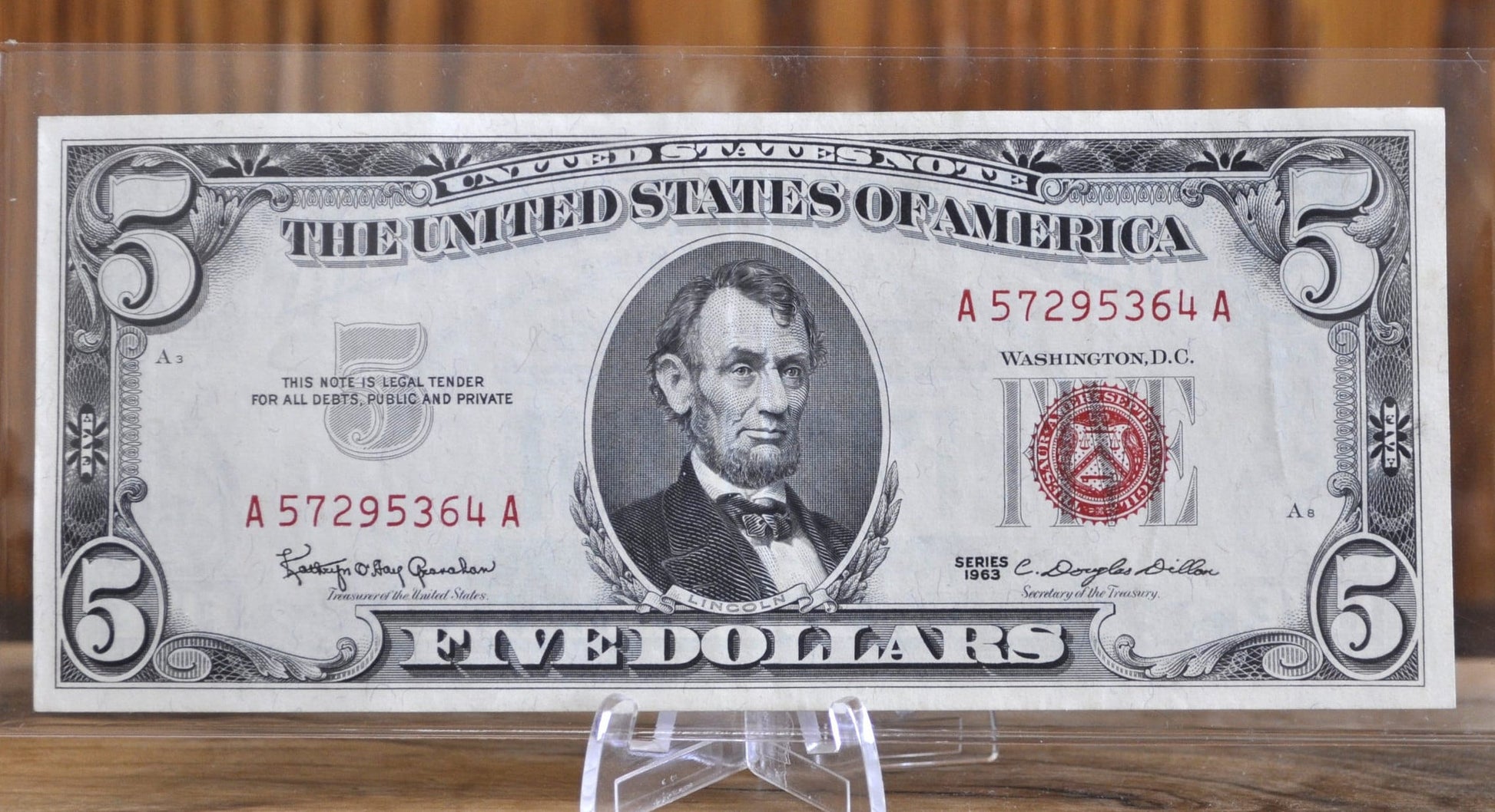 1963 5 Dollar United States Note Red Seal - Fine to AU, Choose by grade - 5 Dollar Bill 1963 Five Dollar Red Seal - Fr#1536