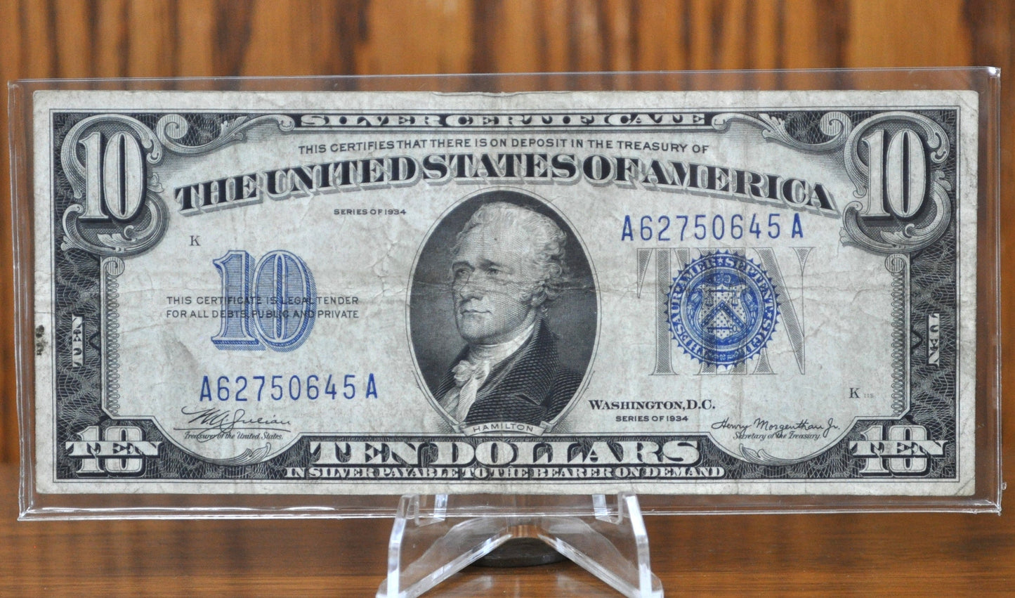 1934 10 Dollar Silver Certificate - F/VF (Fine-Very Fine) Grade / Condition - Blue Seal 1934 Ten Dollar Silver Cert - Fr#1701, Fr1701