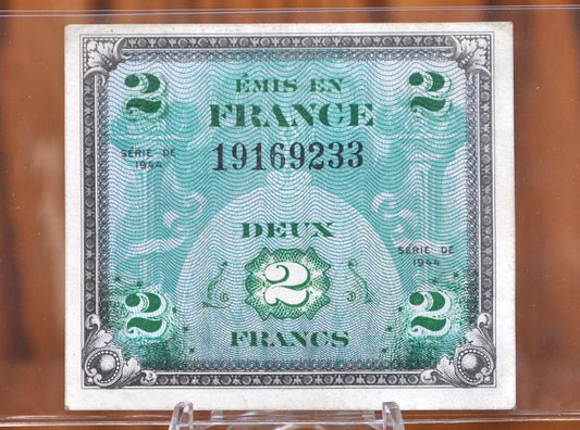1944 France 2 Franc Paper Note - WWII Era French Bank Note, Beautiful Artwork - French 2 Francs Banknote