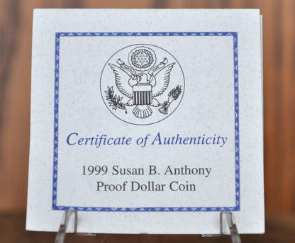 1999-P Susan B Anthony Proof Dollar - Proof Strike, In Original Mint Packaging with Certificate of Authenticity - Beautiful Proof Coin