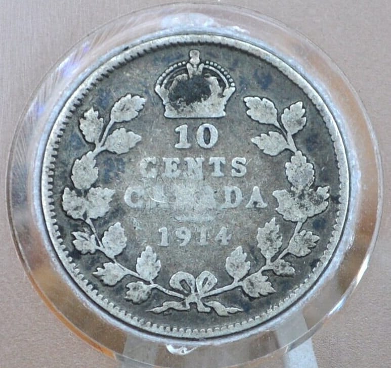 1914 Canadian Silver 10 Cent Coin - VG (Very Good) Condition - King George - Canada 10 Cent Sterling Silver 1914 Canada