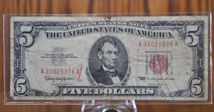 1963 5 Dollar United States Note Red Seal - Fine to AU, Choose by grade - 5 Dollar Bill 1963 Five Dollar Red Seal - Fr#1536