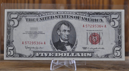 1963 5 Dollar United States Note Red Seal - Fine to AU, Choose by grade - 5 Dollar Bill 1963 Five Dollar Red Seal - Fr#1536