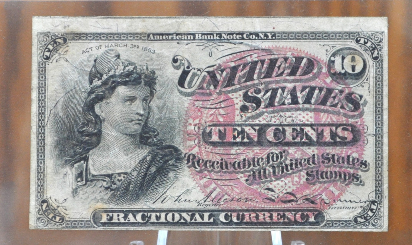 Authentic 1863 10 Cent Fractional Currency / 1863 Fractional Currency - VG (Very Good) Grade / Condition - 2nd Issue Fractional Note Fr1257