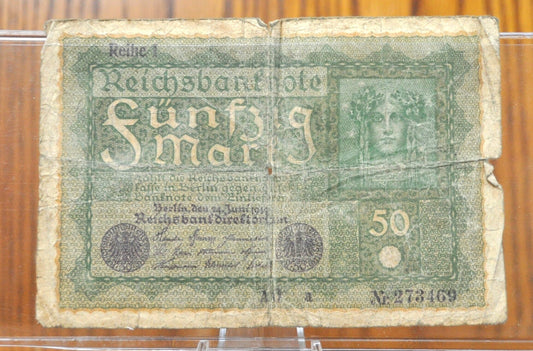 1919 50 Mark German Paper Note - 1919 Reichsbanknote 50 - Circulated Condition, Beautiful Design - Fifty Mark Note 1919