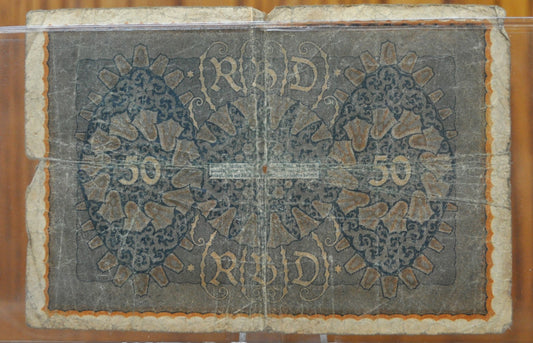 1919 50 Mark German Paper Note - 1919 Reichsbanknote 50 - Circulated Condition, Beautiful Design - Fifty Mark Note 1919