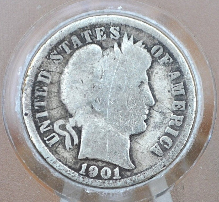 1901 Barber Silver Dime - G (Good) Grade / Condition - Philadelphia Mint - 1901 P Barber Dime - Silver Dimes