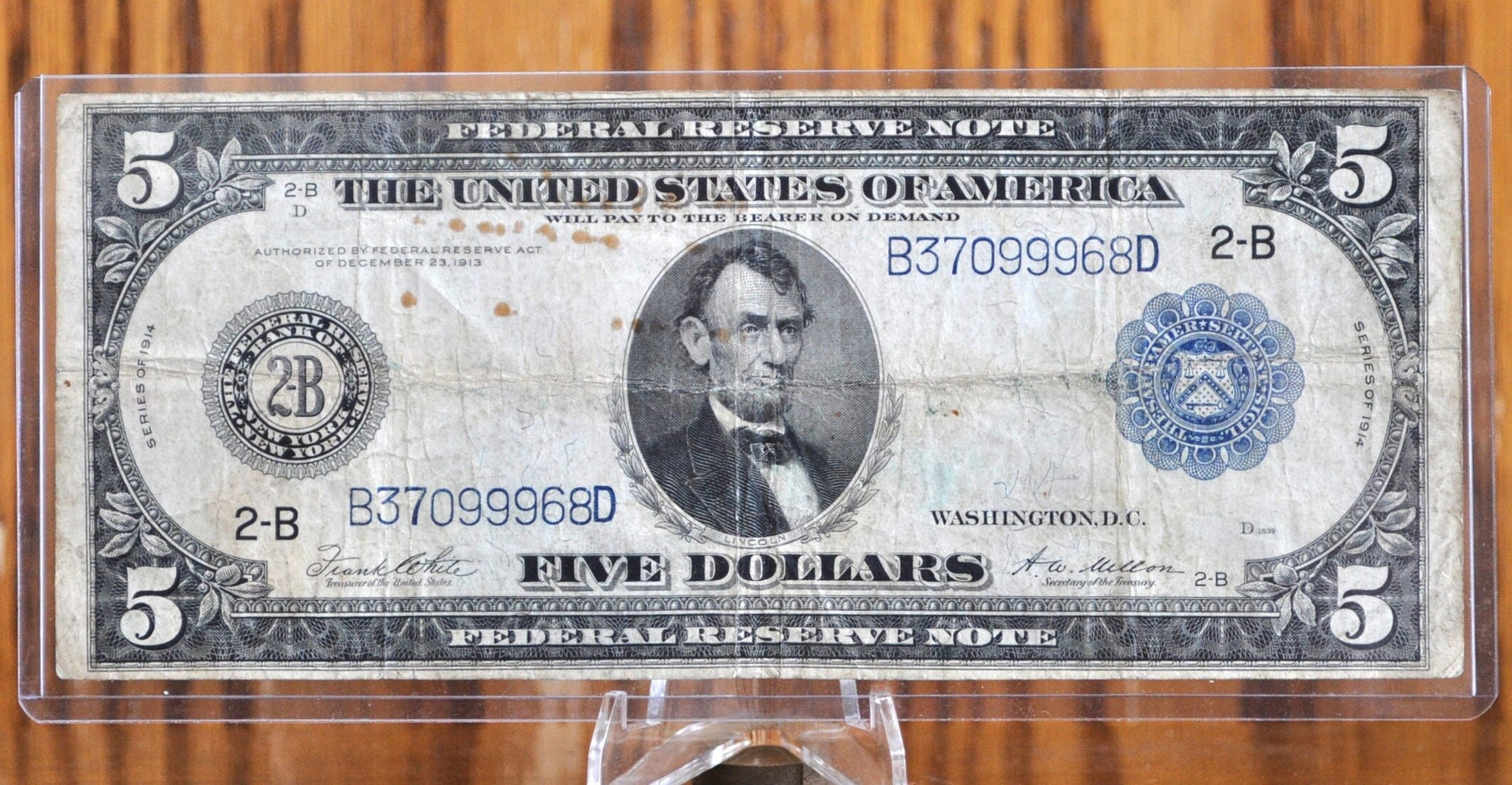 1914 5 Dollar Federal Reserve Note Large Size Fr851 - F (Fine) - NY 1914 Five Dollar Bill Large Note 1914 New York Fr#851