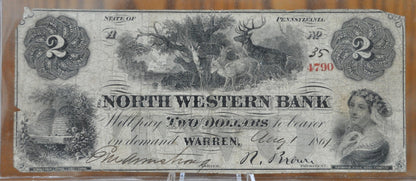 1861 North Western Bank 2 Dollar Paper Banknote - Great Condition - Pennsylvania Obsolete Currency - Two Dollar 1861 PEN