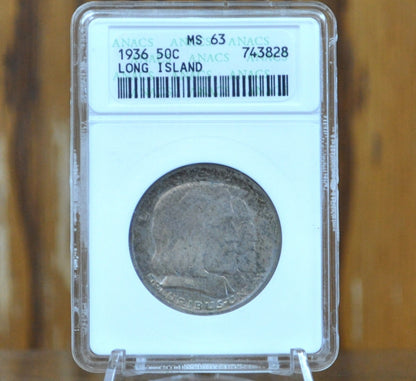 Authentic 1936 Long Island Tercentenary Silver Half Dollar - MS60+ (Uncirculated), Toned - Long Island Commemorative Half Dollar 1936