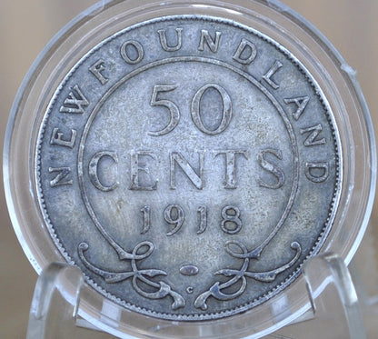 1918 Newfoundland 50 Cents - VF (Very Fine) Grade / Condition - King George V - Fifty Cents Newfoundland 1918 Silver - Silver Half Dollar 19