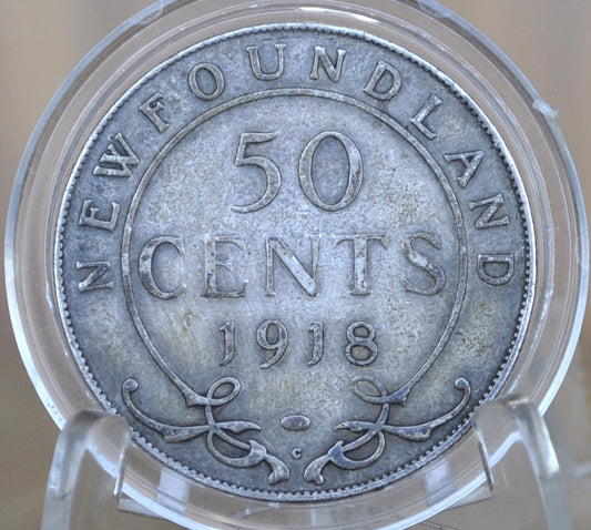1918 Newfoundland 50 Cents - VF (Very Fine) Grade / Condition - King George V - Fifty Cents Newfoundland 1918 Silver - Silver Half Dollar 19