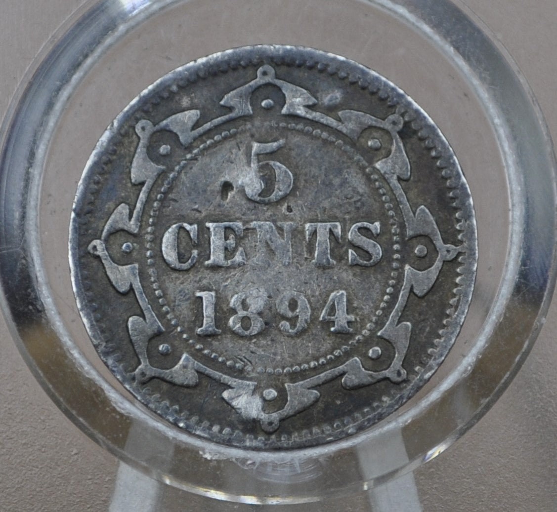 1894 Newfoundland Silver 5 Cent Coin - VF Details, Puncture Marks - Queen Victoria - 5 Cents Newfoundland 1894 Silver - Low Mintage