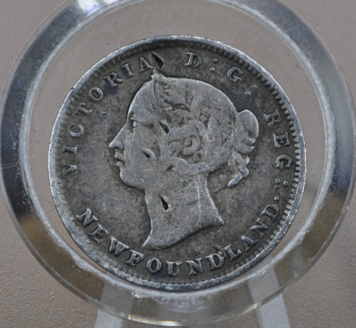 1894 Newfoundland Silver 5 Cent Coin - VF Details, Puncture Marks - Queen Victoria - 5 Cents Newfoundland 1894 Silver - Low Mintage
