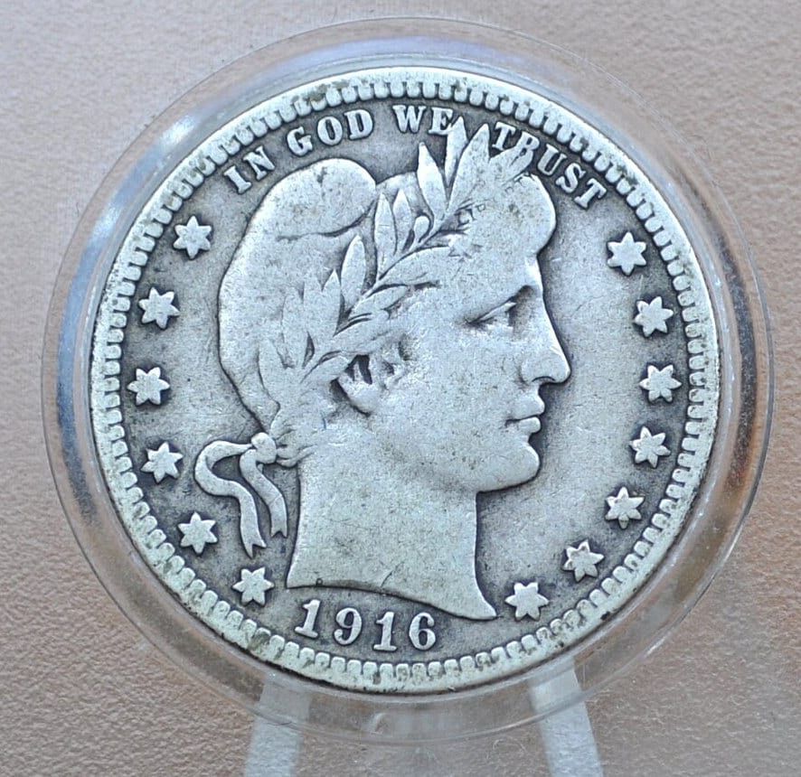 1916-D Barber Quarter - F (Fine) Grade / Condition - Nearly Full Liberty Band - Denver Mint - Barber Quarter 1916D - Silver