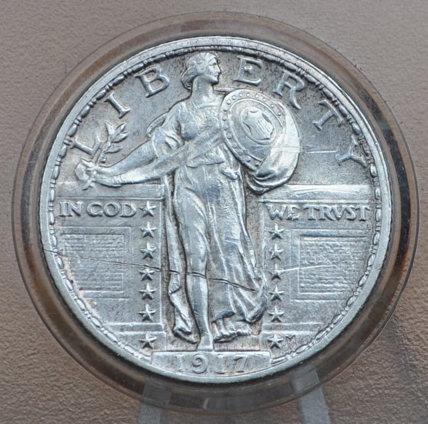 1917 Type 2 Standing Liberty Quarter - Full Head, Uncirculated, Scratch - Beautiful Detail and Luster - 1917 Standing Liberty FH Type II