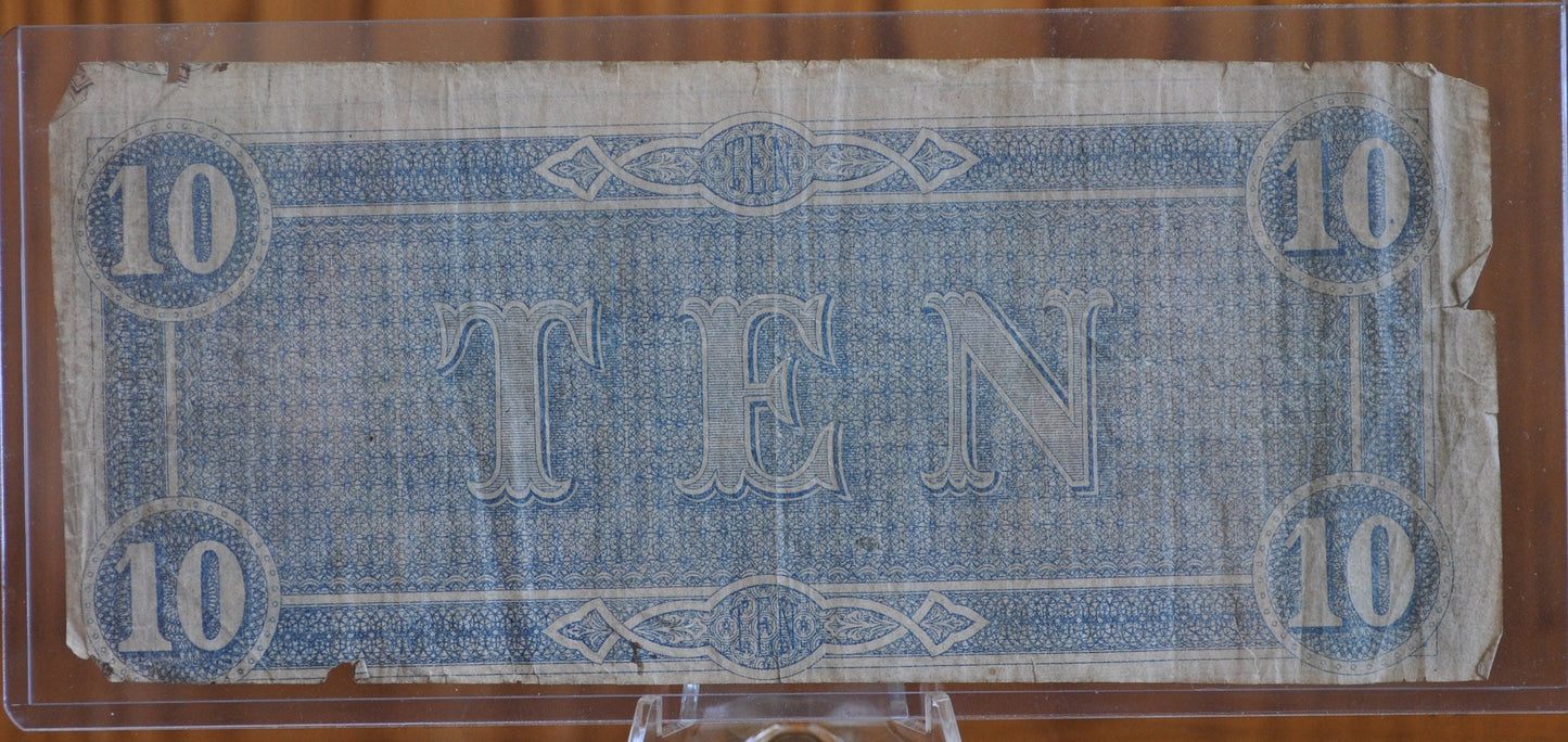 1864 Confederate States of America Ten Dollar Bill - Civil War Issue Banknote - Confederate 10 Dollar Bill - Richmond VA, T-68 / CS-68