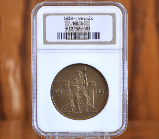 1930 Iceland 2 Kronur, NGC MS64, 1000th Anniversary Althing - Stunning Coin; Only 20,000 Made, Very Rare - Iceland 2K 1930 Althing Mil