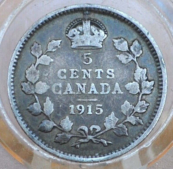1915 Canadian Silver 5 Cent Coin - About Uncirculated, Toned, Nice Color - Canada 5 Cent Sterling Silver 1915 Canada - Lower Mintage