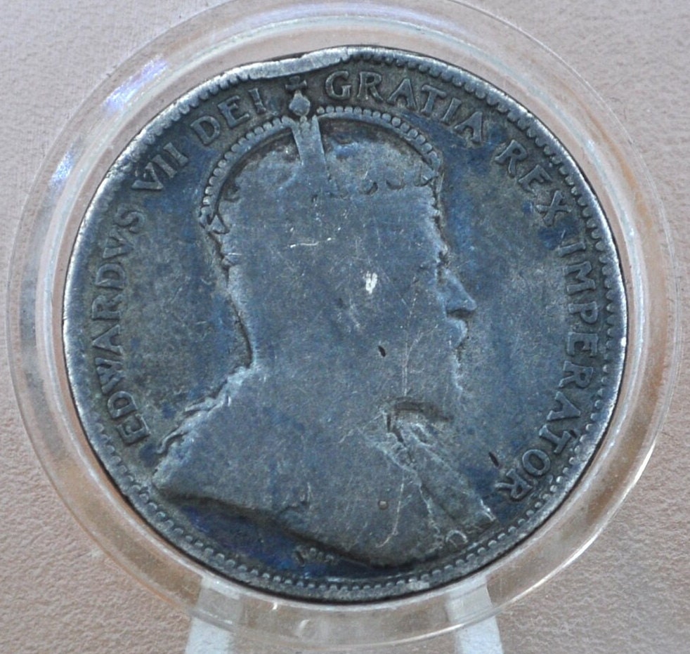 1909 Canadian Silver Quarter - Fine Details, Rim Dent - King George - 92.5% Silver Quarter Canada 1909 - Canadian Coin Collection