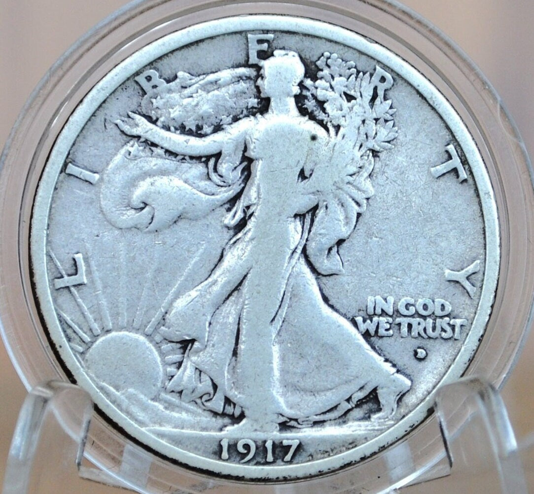 1917-D Obverse Walking Liberty Silver Half Dollar - VG (Very Good) - Denver Mint - Obverse D 1917 D Walking Liberty Half Dollar, Rarer Type