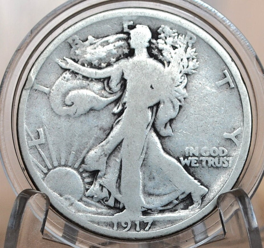 1917-D Obverse Walking Liberty Silver Half Dollar - VG (Very Good) - Denver Mint - Obverse D 1917 D Walking Liberty Half Dollar, Rarer Type