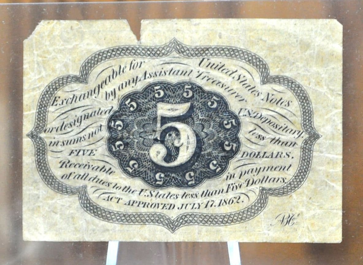 1st Issue Fractional Currency 5 Cents (Fr#1230) - VF with tear - 1862 First Issue Fractional Note Number 1230, Authentic