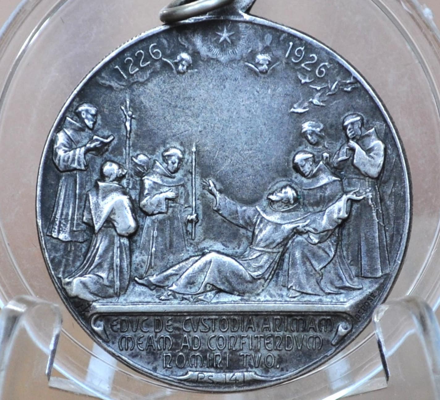Beautiful 1926 Sterling Saint Francis of Assisi Medal - Vintage Catholic Medallion - Francesco d'Assisi, Psalm 141, Silver Religious Pendent