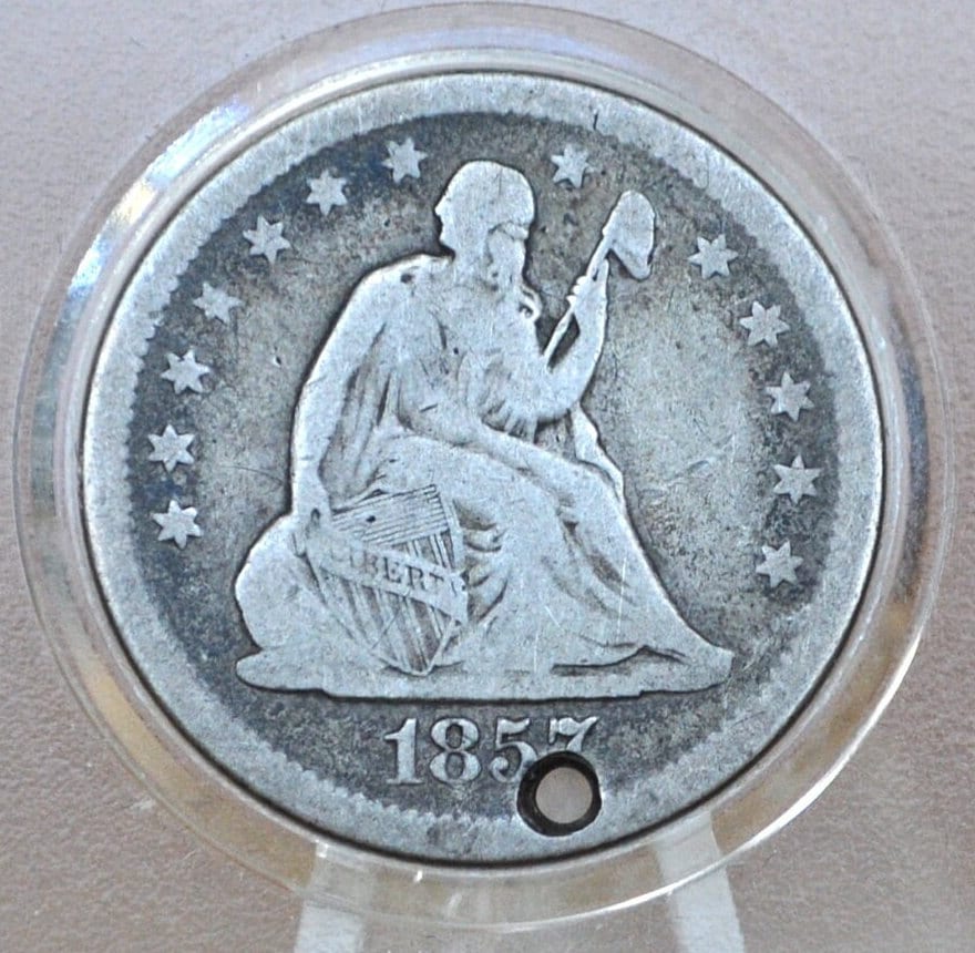 1857-O Seated Liberty Quarter - VG (Very Good) Details, Holed - 1857O Silver Quarter / 1857 O Liberty Seated Quarter - Lower Mintage Date