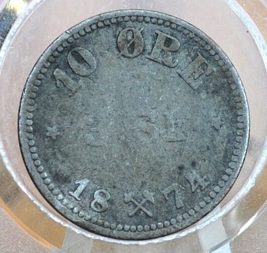 Rare 1874 Norway Silver 10 Ore Coin 3 Skilling - Norwegian 10 Ore Coin - 10 Ore - 1874 Silver Ten Ore Coin Three Skilling 1874, Low Mintage