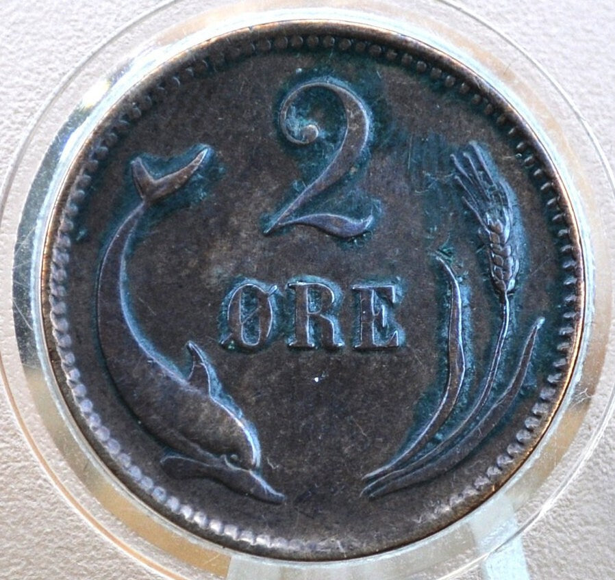 1800s Danish 2 Ore, Porpoise / Dolphin Coin - XF - 1800s Denmark Dolphin Coin / Porpoise Coin, Denmark 2 Ore 1897, 2 Ore 1881