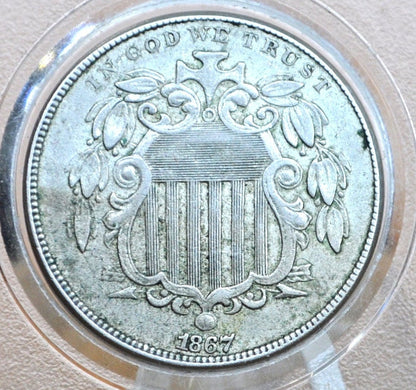 1867 Shield Nickel Without Rays - VG-F (Very Good to Fine) Details, Hole Drilled - 1867 US Nickel -Shield Type Nickel 1800's- Shield Nickels