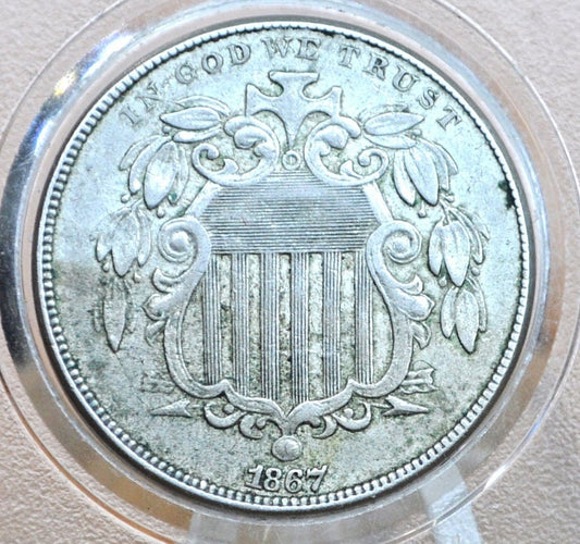 1867 Shield Nickel Without Rays - VG-F (Very Good to Fine) Details, Hole Drilled - 1867 US Nickel -Shield Type Nickel 1800's- Shield Nickels