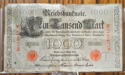 1910 1000 Mark German Paper Note - Reichsbanknote - Great Condition, Beautiful Design - One Thousand Mark Note 1910