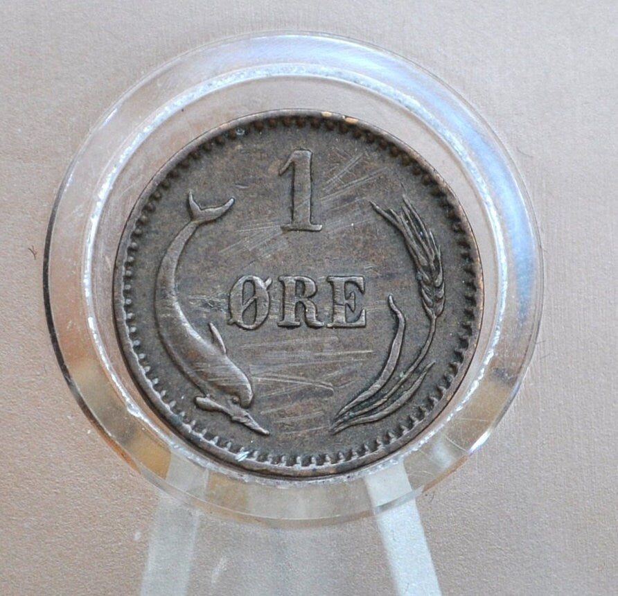 1800s Danish 2 Ore, Porpoise / Dolphin Coin - XF - 1800s Denmark Dolphin Coin / Porpoise Coin, Denmark 2 Ore 1897, 2 Ore 1881