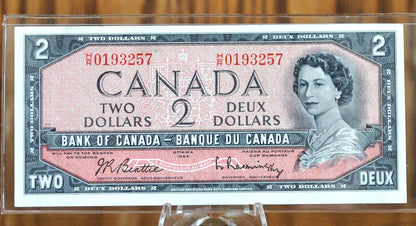 1954 Canadian 2 Dollar Banknote - AU (About Uncirculated) - 1954 Canadian Two Dollar Banknote 1954 - Crisp Notes Canada 2 Dollar Bill 1954