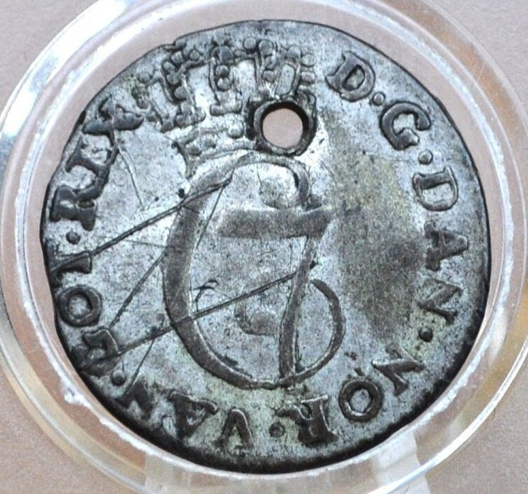 1783 Danish 2 Skilling Silver - XF Detail, Holed - 1700s Denmark Silver 2 Skilling Coin Dansk Two Skilling