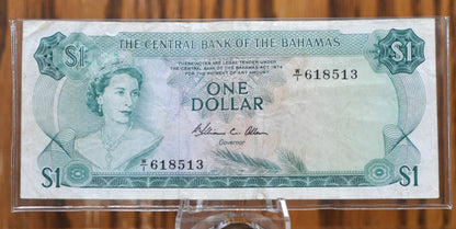 1974 Bahamas Central Bank 1 Dollar Note - Allen Signature Type - Queen Elizabeth II - 1974 British Bahamas One Dollar Note - P#35b