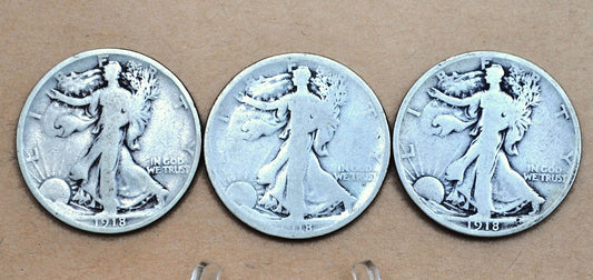 1918 PDS 3 Coin Set 1918 Walking Liberty Half Dollars PDS - All three Mint Marks -1918 P Half Dollar, 1918 D Half Dollar, 1918 S Half Dollar