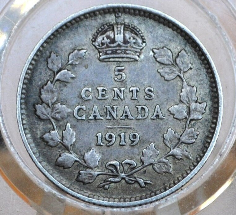 1919 Canadian Silver 5 Cent Coin - Very-Extremely Fine - Canada 5 Cent Sterling Silver 1919 Canada