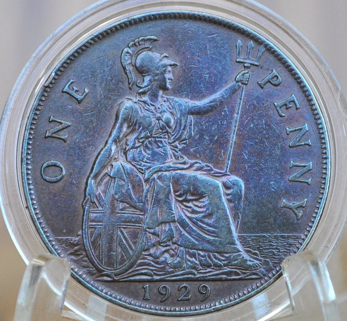 1929 Great Britain One Penny - Uncirculated / High Grade - UK Large Penny 1929 - Rare Find in this condition, Luster, Red-Brown