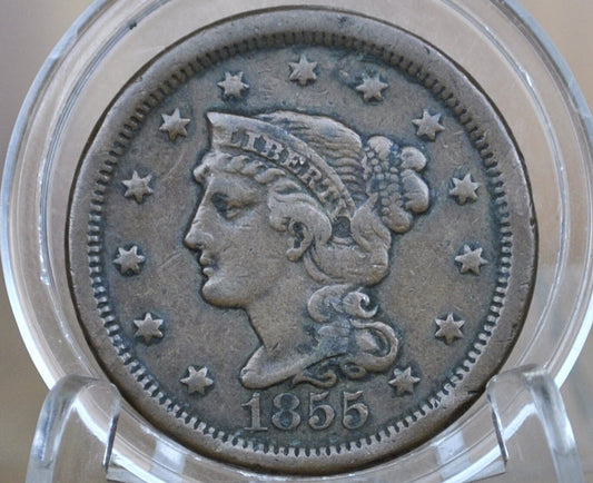 1855 Braided Hair Large Cent - VF (Very Fine) Grade / Condition - 1855 Coronet Cent - 1855 US Large Cent - Braided Hair Upright 5