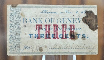 1862 Bank Of Geneva 3 Cent Paper Scrip Note - Rare Obsolete Note - Geneva New York Paper Currency 1862