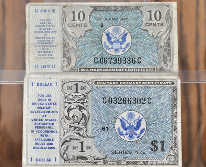 Set of Two Military Payment Certificates Series 472 - 10 Cent and 1 Dollar MPCs From Series 472 - Military Payment Certificates 1948
